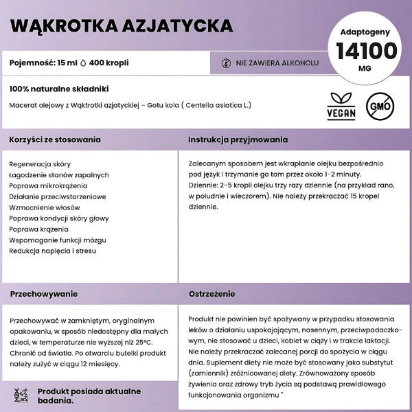 Wąkrotka azjatycka (Centella asiatica) – 14100 mg adaptogenów, działanie przeciwstarzeniowe, poprawa pamięci i koncentracji
