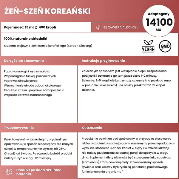 14100 mg adaptogenów – macerat z żeń-szenia koreańskiego wspiera odporność, stres, serce i hormony. Wegański, bez GMO