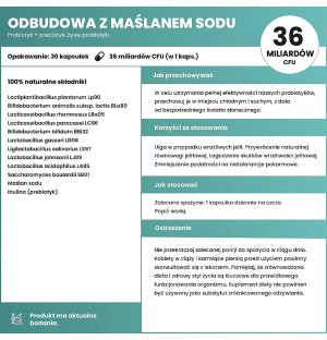 Aura Care Probiotikum mit Natriumbutyrat – Zutaten: 36 Milliarden KBE, Präbiotika, Lactobacillus-Stämme, Natriumbutyrat