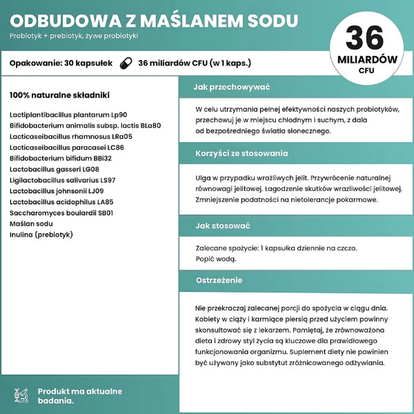 Aura Care Probiotikum mit Natriumbutyrat – Zutaten: 36 Milliarden KBE, Präbiotika, Lactobacillus-Stämme, Natriumbutyrat