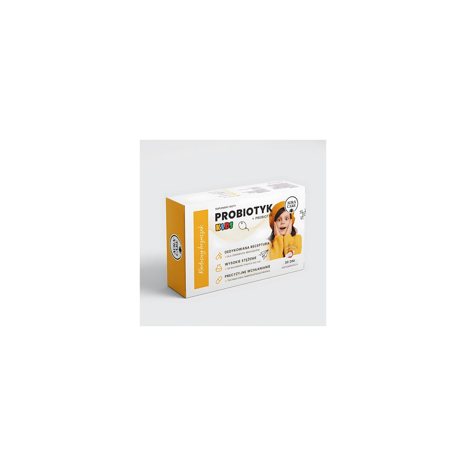 Aura Care Kids Probiotic + Prebiotic Happy Tummy 30 capsules – a supplement for children supporting gut microbiota