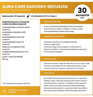 Aura Care Kids Radosny Brzuszek – skład, dawkowanie i właściwości probiotyku z prebiotykiem dla dzieci 30 miliardów CFU