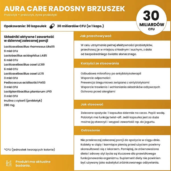 Aura Care Kids Fröhlicher Bauch – Zusammensetzung, Dosierung und Eigenschaften eines Probiotikums mit Präbiotikum für Kinder