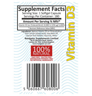 Navigator Vitamin D3 10.000 IE – Etikett für Nahrungsergänzungsmittel, Zusammensetzung: Vitamin D3 aus Lanolin