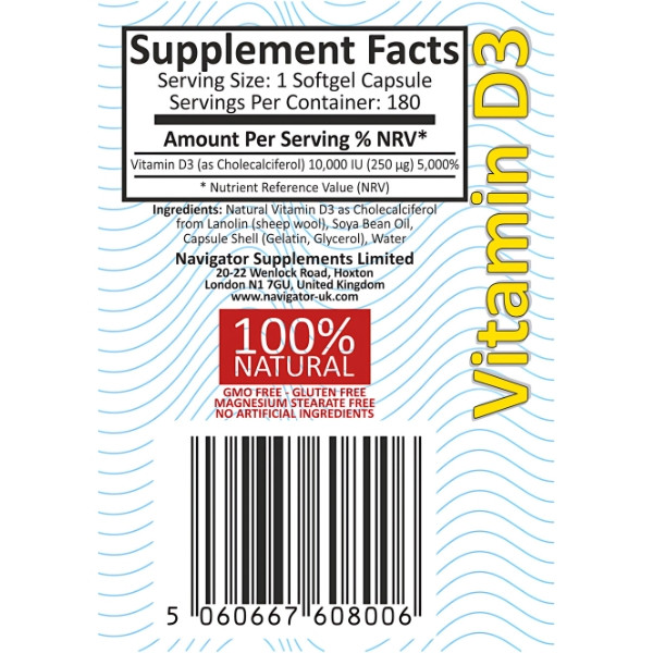 Navigator Vitamin D3 10.000 IE – Etikett für Nahrungsergänzungsmittel, Zusammensetzung: Vitamin D3 aus Lanolin