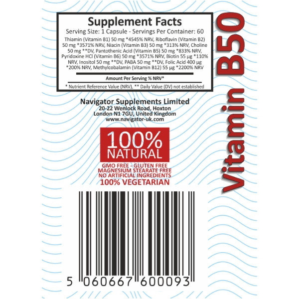 Navigator Vitamin B50 Complex – composition, nutritional values, and details about vegetarian capsules supporting health