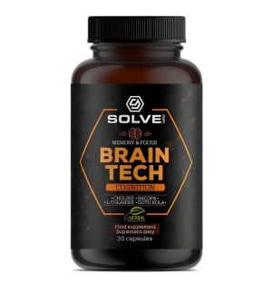 Brain Tech od Solve Labs – suplement wspierający pamięć, koncentrację i skupienie. Zawiera cholinę, Bacopę, żeń-szeń i Gotu Kolę