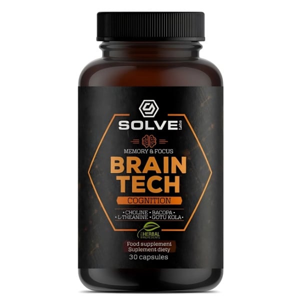 Brain Tech od Solve Labs – suplement wspierający pamięć, koncentrację i skupienie. Zawiera cholinę, Bacopę, żeń-szeń i Gotu Kolę