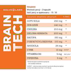 Brain Tech Solve Labs – mieszanka Gotu Kola, żeń-szenia, choliny i Bacopy dla lepszego skupienia, wsparcia mózgu