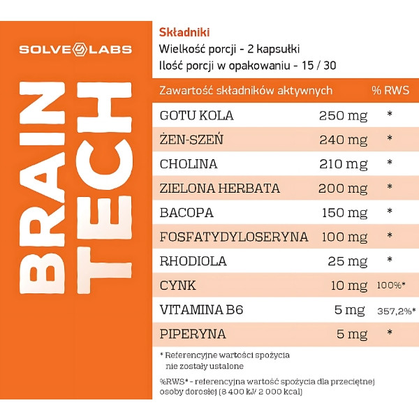Brain Tech Solve Labs – mieszanka Gotu Kola, żeń-szenia, choliny i Bacopy dla lepszego skupienia, wsparcia mózgu