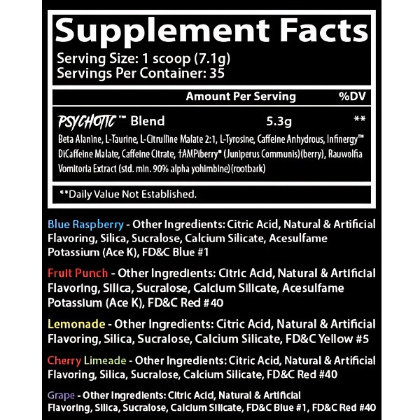 Insane Labz Psychotic HELLBOY – a blend of Beta-Alanine, Taurine, Tyrosine, Caffeine, and Citrulline