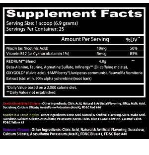 Formuła REDRUM: beta-alanina, tauryna, agmatyna, Infinergy™, OXYGOLD®, tAMPiberry®, Rauwolfia. Plus niacyna i witamina B12