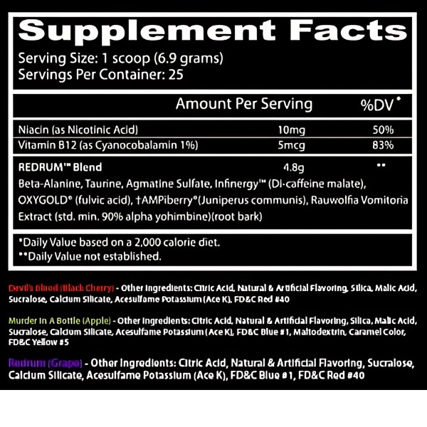 Formuła REDRUM: beta-alanina, tauryna, agmatyna, Infinergy™, OXYGOLD®, tAMPiberry®, Rauwolfia. Plus niacyna i witamina B12