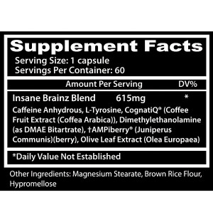 Insane Labz Brainz - memory and concentration support capsules. Contains caffeine, L-tyrosine, CognatiQ®