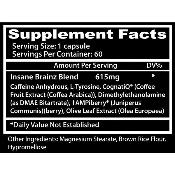 Insane Labz Brainz - memory and concentration support capsules. Contains caffeine, L-tyrosine, CognatiQ®