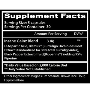 Insane Gainz: D-Aspartat, Blamus™ (Curculigo-Wurzel), Pfeffer-Extrakt (Bioperine®)