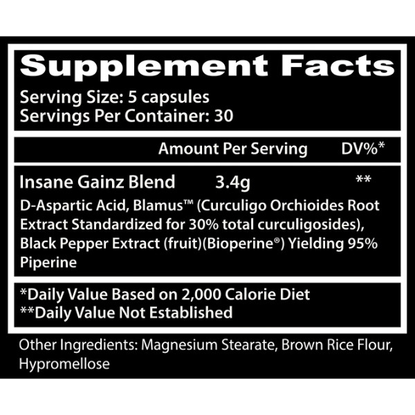 Insane Gainz: D-Aspartat, Blamus™ (Curculigo-Wurzel), Pfeffer-Extrakt (Bioperine®)