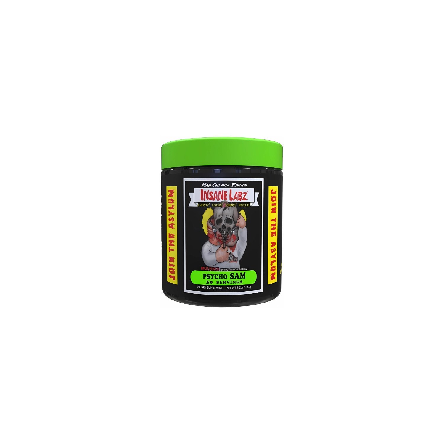 Insane Labz Psycho Sam - eine kraftvolle Pre-Workout Formel mit Koffein, Beta-Alanin und Citrullin. Fruchtiger Geschmack!