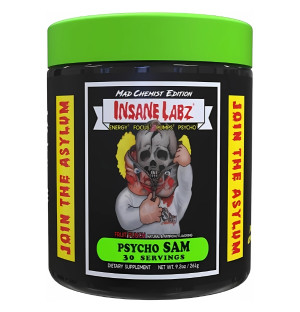 Insane Labz Psycho Sam - eine kraftvolle Pre-Workout Formel mit Koffein, Beta-Alanin und Citrullin. Fruchtiger Geschmack!