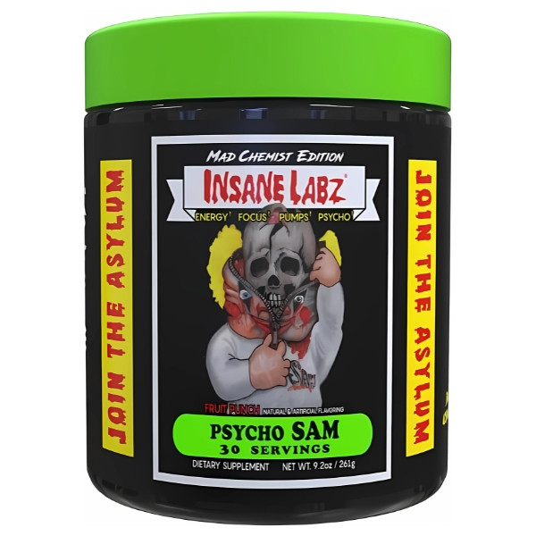 Insane Labz Psycho Sam - eine kraftvolle Pre-Workout Formel mit Koffein, Beta-Alanin und Citrullin. Fruchtiger Geschmack!