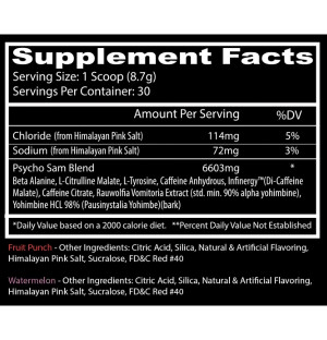 Psycho Sam - 6603 mg Mischung: Beta-Alanin, Citrullin, L-Tyrosin, 3 Formen von Koffein, Yohimbin, Kräuterextrakte