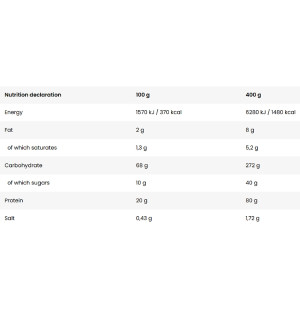 Levro Legendary Mass 3 kg – 370 kcal na 100 g, 80 g białka, 272 g węglowodanów, 8 g tłuszczu na porcję