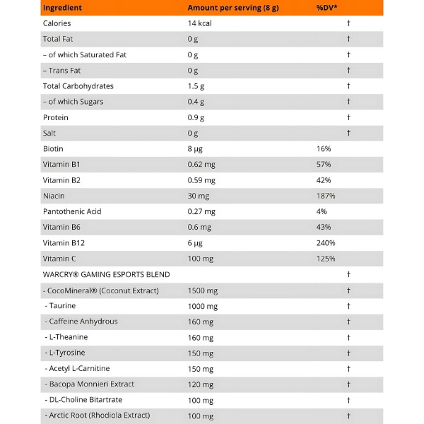 Warcry Gaming Esports Blend - composition: coconut extract, taurine, caffeine, L-theanine, L-tyrosine, L-carnitine