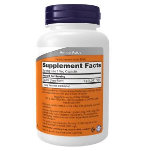 NOW Foods Taurin 1000 mg – Etikett des Nahrungsergänzungsmittels, Informationen zur Zusammensetzung, vegane Kapseln