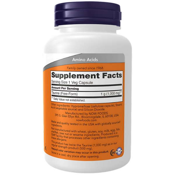 NOW Foods Taurin 1000 mg – Etikett des Nahrungsergänzungsmittels, Informationen zur Zusammensetzung, vegane Kapseln