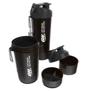 Optimum Nutrition Smart Shaker Lite 600 ml black, disassembled into parts, with additional containers and a mixing strainer