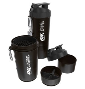 Optimum Nutrition Smart Shaker Lite 600 ml czarny rozłożony na części, z dodatkowymi pojemnikami i sitkiem miksującym