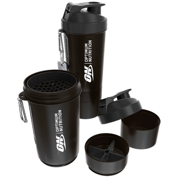 Optimum Nutrition Smart Shaker Lite 600 ml black, disassembled into parts, with additional containers and a mixing strainer