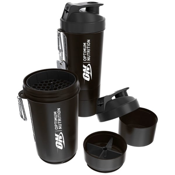 Optimum Nutrition Smart Shaker Lite 600 ml czarny rozłożony na części, z dodatkowymi pojemnikami i sitkiem miksującym