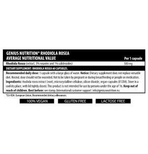 Genius Nutrition Rhodiola Rosea – composition, vegan formula, gluten-free and lactose-free, 500 mg of extract per capsule