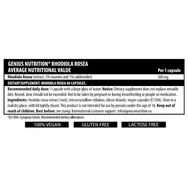 Genius Nutrition Rhodiola Rosea – Zusammensetzung, vegane Formel, gluten- und laktosefrei, 500 mg Extrakt pro Kapsel