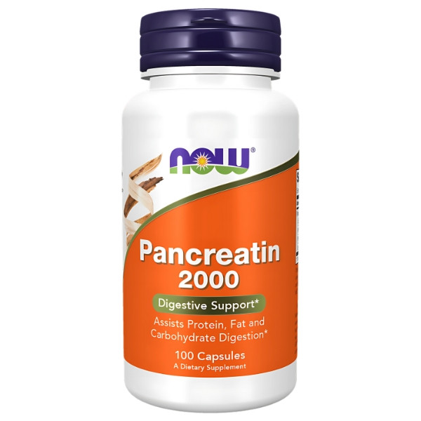 NOW Foods Pancreatin 2000 – suplement wspierający trawienie białek, tłuszczów i węglowodanów, 100 kapsułek