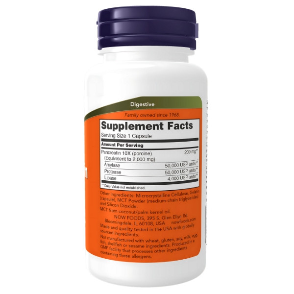 NOW Foods Pancreatin 2000 – skład, wartości odżywcze i enzymy trawienne (amylaza, proteaza, lipaza) w każdej kapsułce