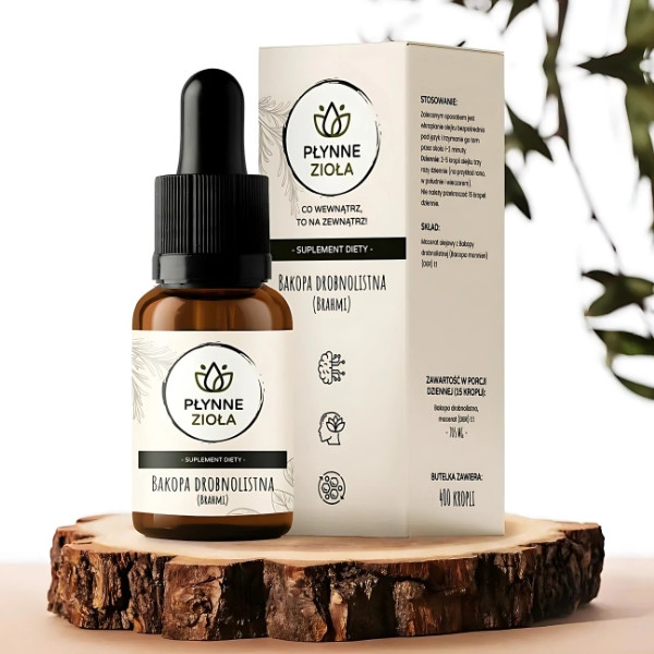 Płynne Zioła Bakopa Drobnolistna Brahmi 15 ml – właściwości, dawkowanie, skład, adaptogen 14100 mg, wegański, bez GMO