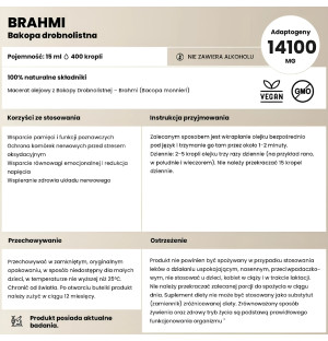 Płynne Zioła Bakopa Drobnolistna Brahmi 15 ml z pipetą i opakowaniem na drewnianej podstawce, naturalny macerat olejowy
