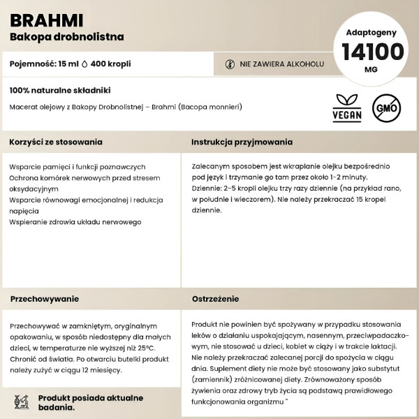 Płynne Zioła Bakopa Drobnolistna Brahmi 15 ml z pipetą i opakowaniem na drewnianej podstawce, naturalny macerat olejowy