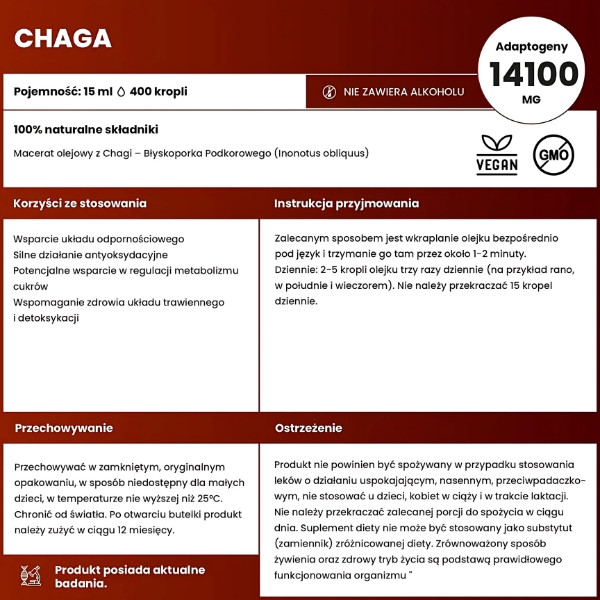 Chaga 15 ml – Adaptogen 14100 mg, Nahrungsergänzungsmittel, 100 % natürliches Ölmazerat, vegan, ohne GVO