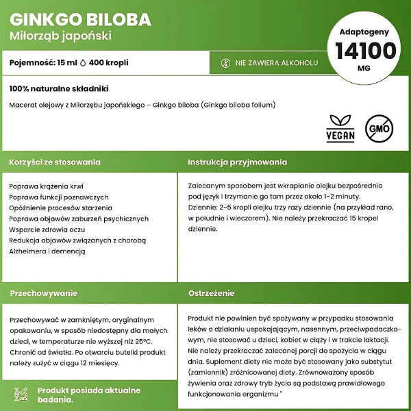 Ginkgo Biloba 14100 mg – natürliches Ölmazerat aus japanischem Ginkgo, alkoholfreies Adaptogen, fördert die Durchblutung