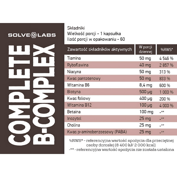 Zusammensetzung von Solve Labs Complete B-Complex – Vitamine der B-Gruppe, Cholin, Inositol, Betain