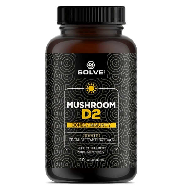 Solve Labs Mushroom D2 – witamina D2 2000 IU z ekstraktu Shiitake, suplement diety na odporność i zdrowe kości, 60 kapsułek.