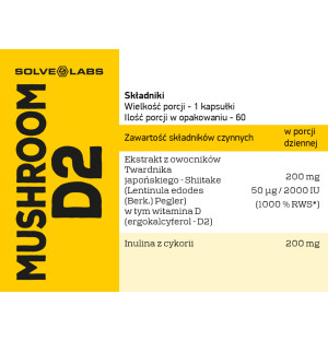 Skład Solve Labs Mushroom D2 – witamina D2 z grzybów Shiitake, inulina z cykorii, suplement diety wspierający kości i odporność