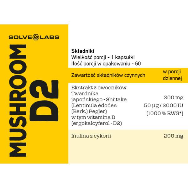 Skład Solve Labs Mushroom D2 – witamina D2 z grzybów Shiitake, inulina z cykorii, suplement diety wspierający kości i odporność