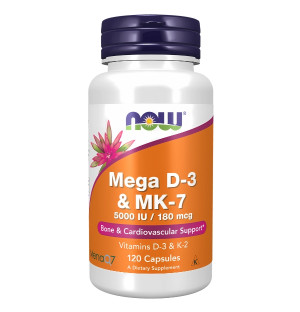NOW Foods Mega D-3 & MK-7 5000 IU / 180 mcg – dietary supplement supporting bones, heart and immunity