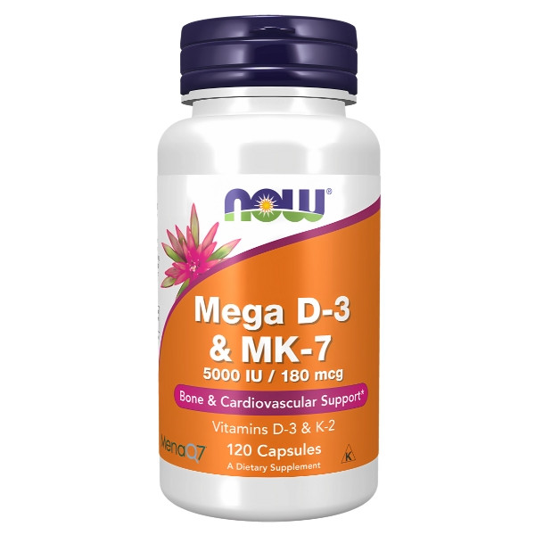 NOW Foods Mega D-3 & MK-7 5000 IU / 180 mcg – dietary supplement supporting bones, heart and immunity
