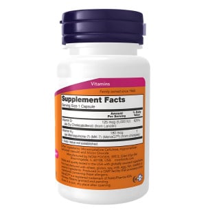 NOW Foods Mega D-3 & MK-7 – supplement composition: vitamin D3 5000 IU, vitamin K2 MK-7 180 mcg, bone support