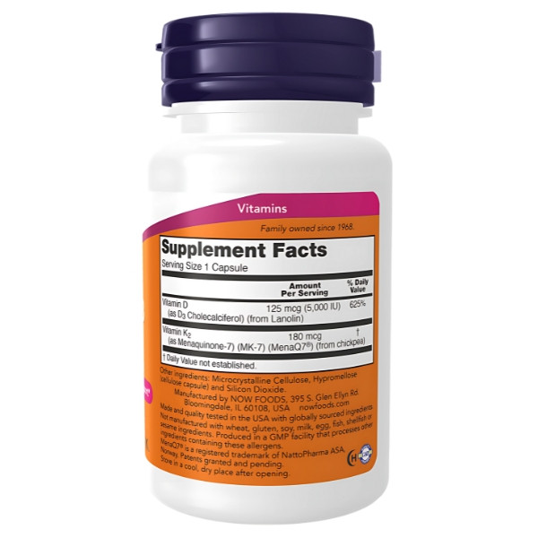NOW Foods Mega D-3 & MK-7 – supplement composition: vitamin D3 5000 IU, vitamin K2 MK-7 180 mcg, bone support